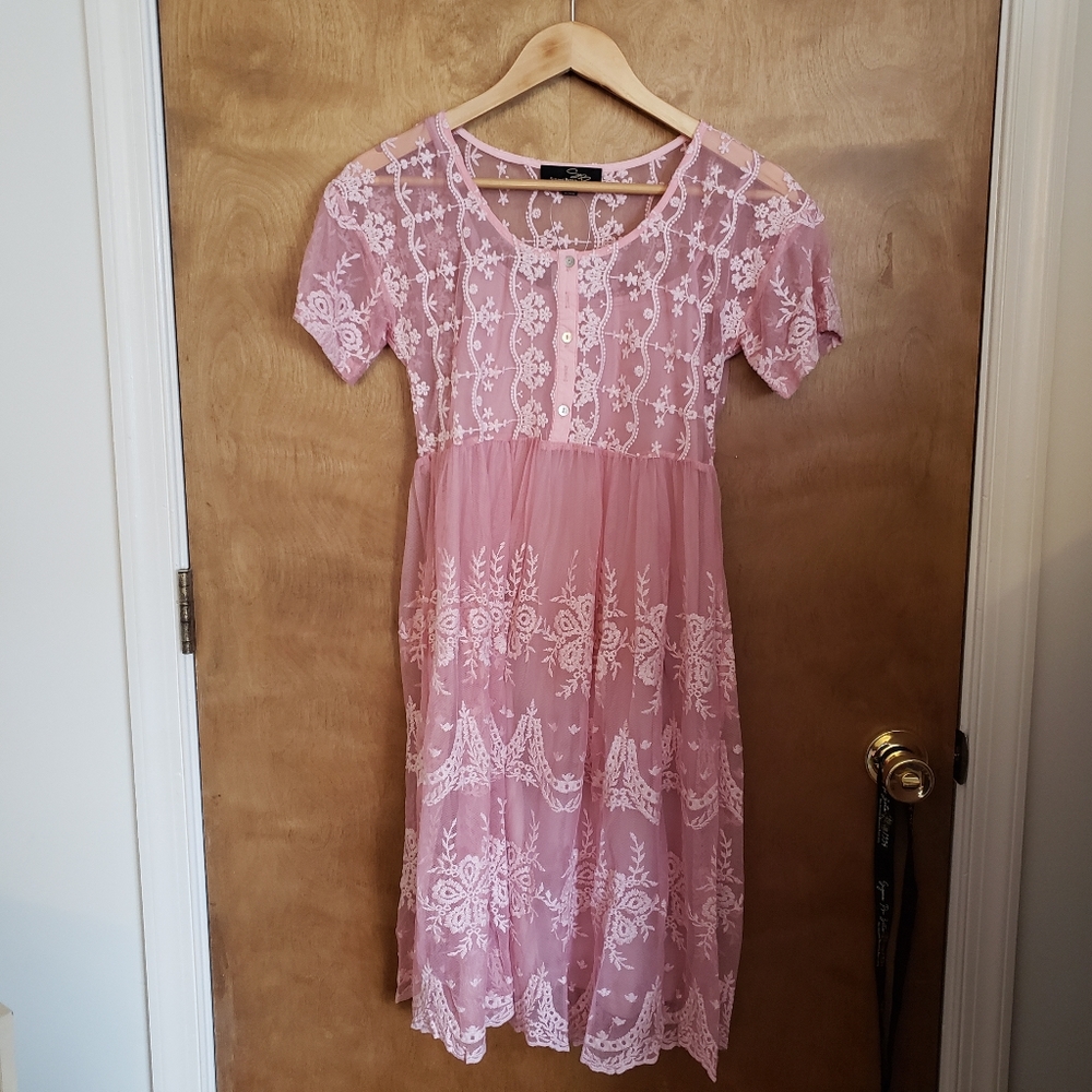 Suzanne Betro Pink Mesh Empire Waist Dress